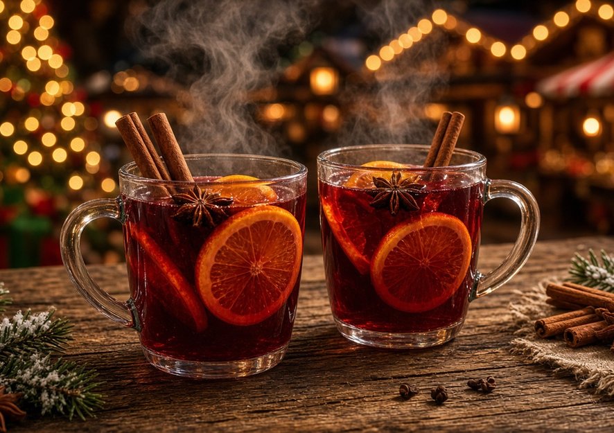 Zwei Gläser dampfender roter Punsch mit Orangenscheiben, Zimtstangen und Sternanis auf einem Holztisch
