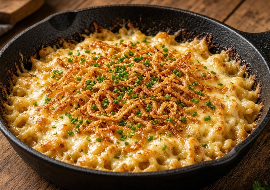 Käsespätzle mit geschmolzenem Bergkäse, Röstzwiebeln und Schnittlauch in einer gusseisernen Pfanne