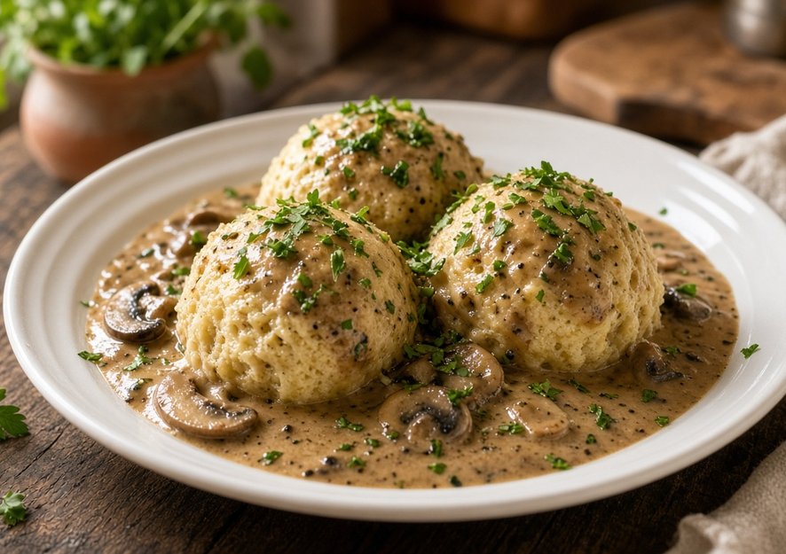 Zwei fluffige Semmelknödel mit Petersilie auf einem Teller mit dunkler Bratensoße