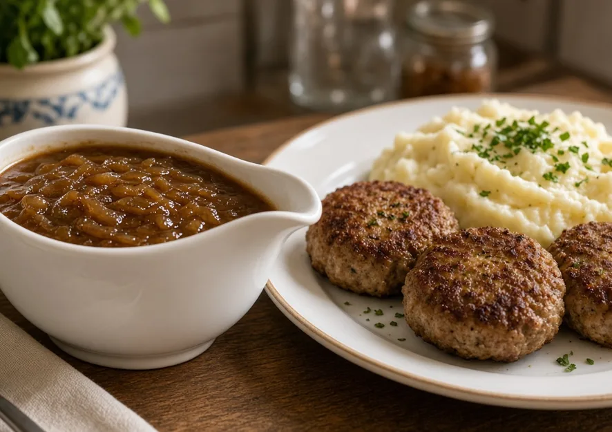 Braune Zwiebelsoße mit karamellisierten Zwiebelstreifen in einer Sauciere neben Frikadellen und Kartoffelpüree